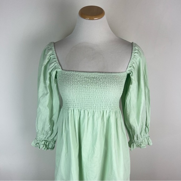 Anthropologie OPT Mint Green Puff Sleeve Smocked Midi Dress Size L - Picture 2 of 5